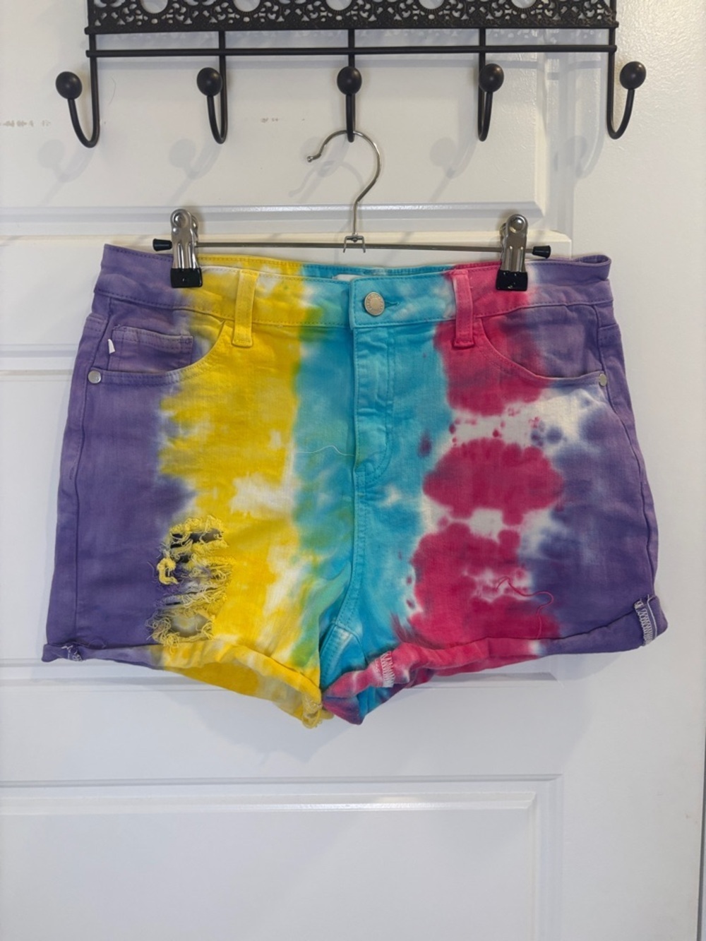 Judy Blue Tie Dye Denim Shorts Distressed High Rise Rainbow Size Large